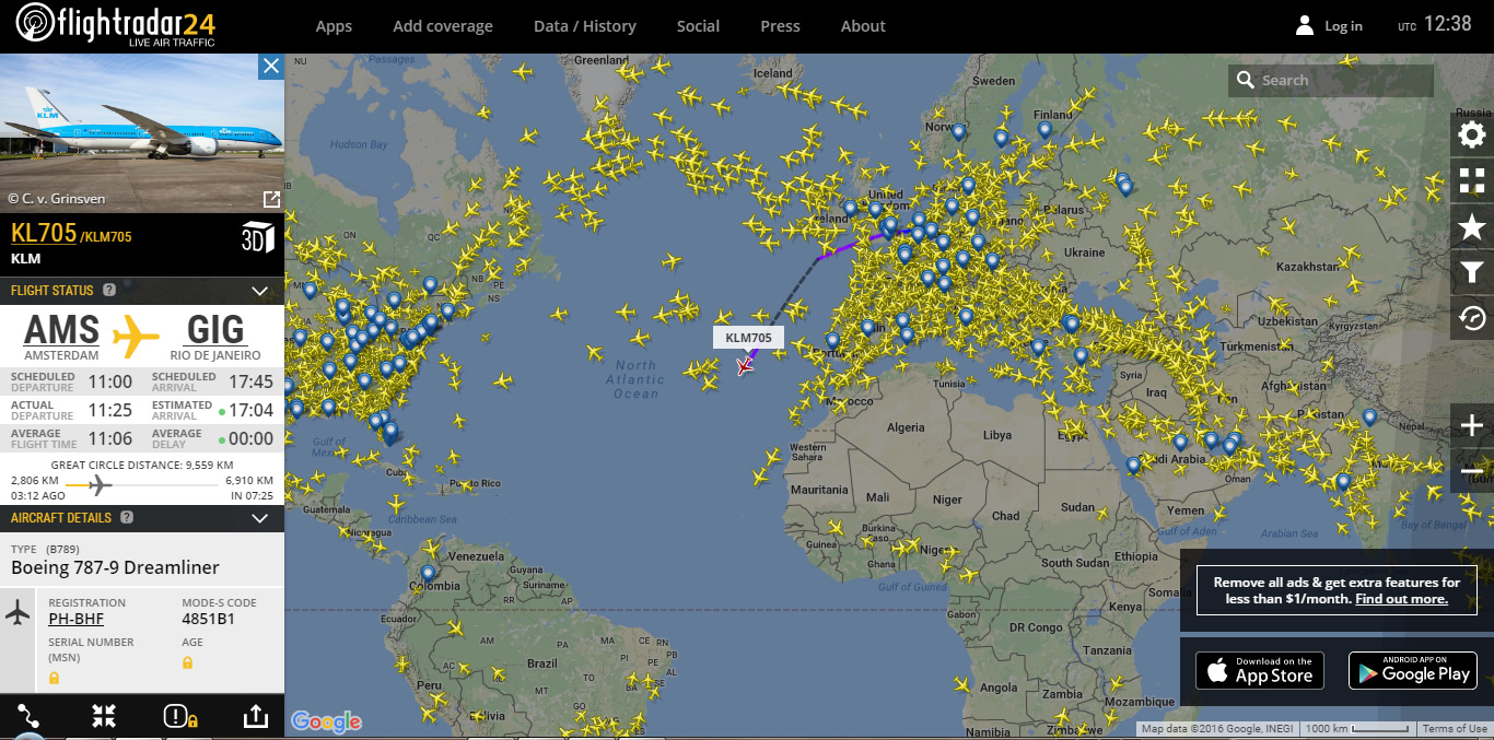 KLM705便でアムステルダムからリオに飛んでいる最中です